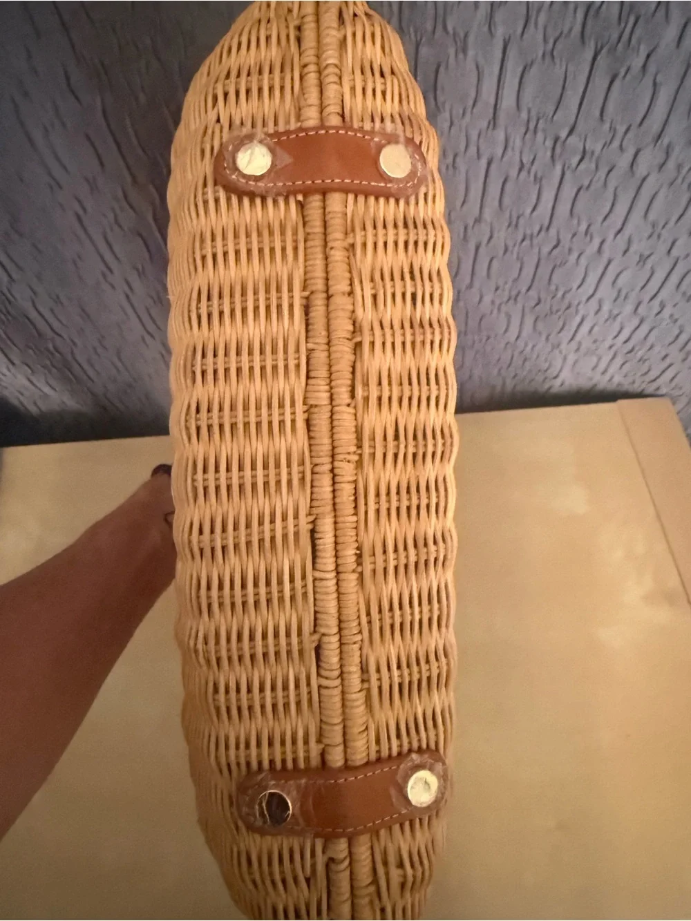 J. McLaughlin Woven Wicker Rattan Handbag Leather Handles Striped Lining - Picture 5 of 11